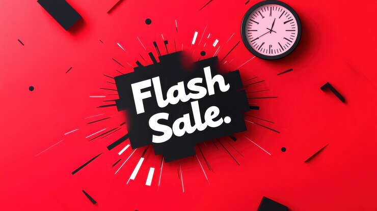 Photo vibrant flash sale banner with bold text and clock symbol on a dynamic red background showcasing urgency for black friday promotions