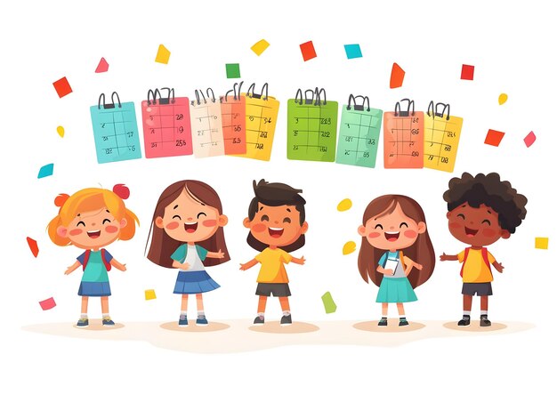 Vibrant Flat Vector Illustration of Candid Kids Engaging with Colorful 2025 Calendar Highlighting F | Premium AI-generated image