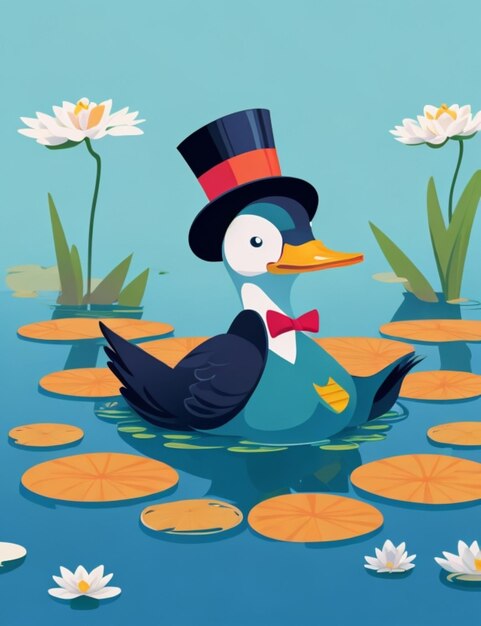 A vibrant flat vector illustration of a duck wearing a top hat