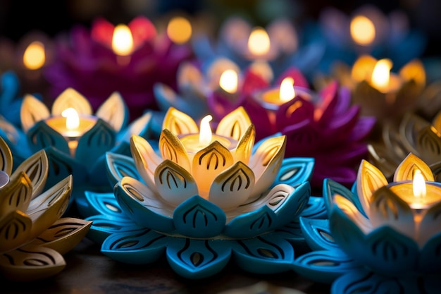 Vibrant floral backdrop radiant 3D Diyas for Diwali festivities