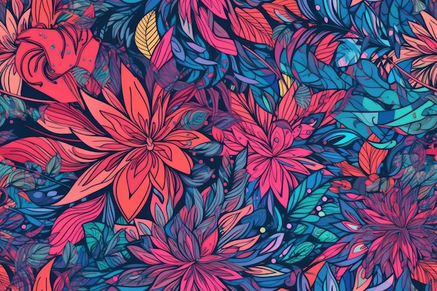 Vibrant floral background with various leaves and flowers Generative AI