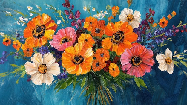 鮮やかな花束の絵 緑色の背景 アート プリント