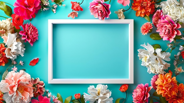 Vibrant Floral Frame on Teal Background Perfect for Invitations Empty Center for Messages or Graphics Ideal for Spring Events Fresh Colorful Design for Creative Projects AI