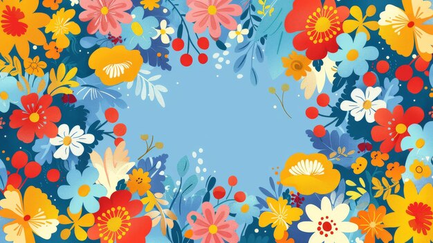 Photo a vibrant floral frame with a serene blue background