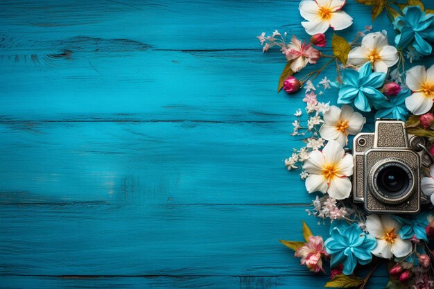 Photo vibrant floral graphy capturing natures beauty with a camera on a blue wooden background gener