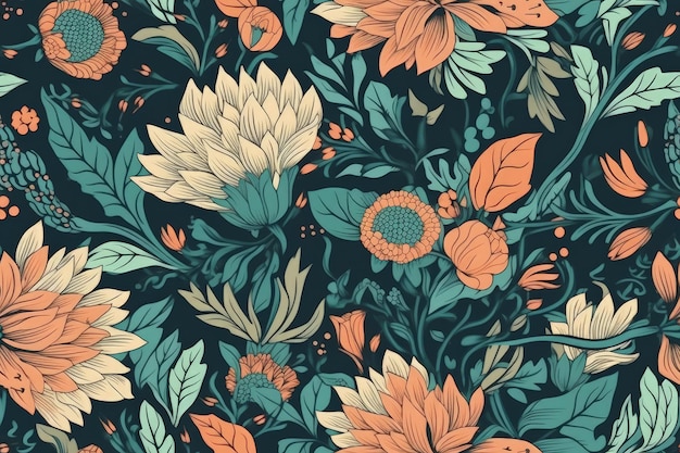 Vibrant floral pattern with orange and blue flowers Generative AI