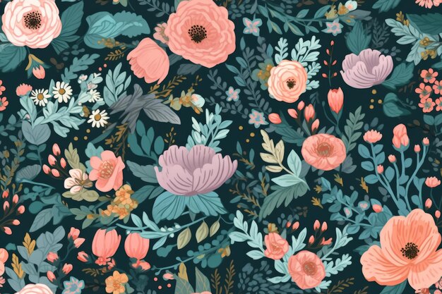 Vibrant Floral Pattern With Pink and Blue Flowers