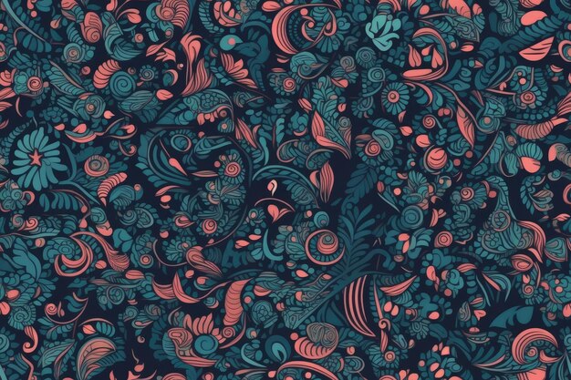 Vibrant floral pattern with a red and blue color scheme Generative AI