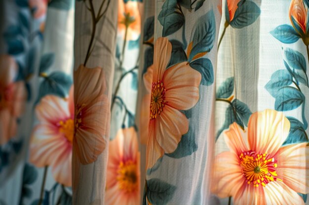 Photo vibrant floral patterns on curtain create a sunny garden ambiance