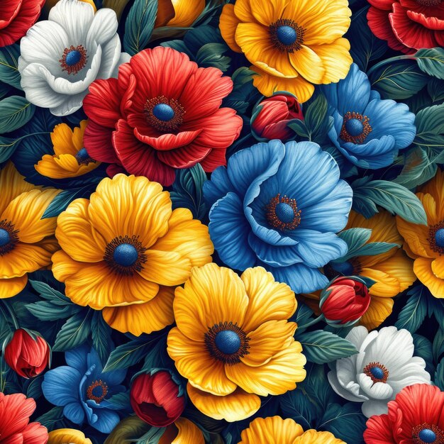 Vibrant Floral Seamless Pattern with Chrysanthemums and Dahlias