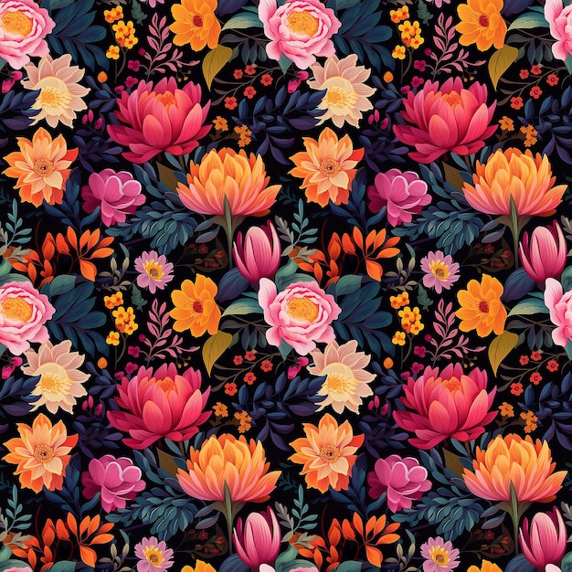 Vibrant Flower Arrangements Illustrated on a Dark Background Seamless pattern