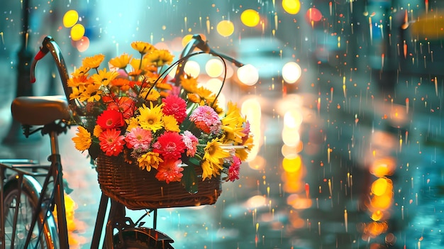 Vibrant Flower Basket on a Bicycle Rainy Urban Setting Peaceful Evening with Blooms and City Lights Ideal for Decor and Postcards AI