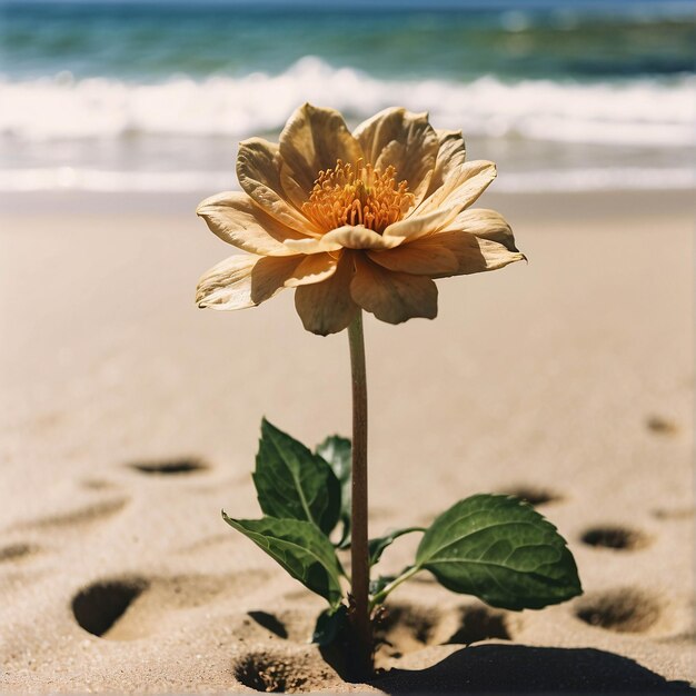 写真 夏の青い空の下のビーチの砂の上にく活気のある花 自然の風景