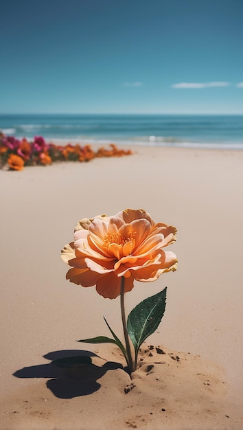 写真 夏の青い空の下のビーチの砂の上にく活気のある花 自然の風景