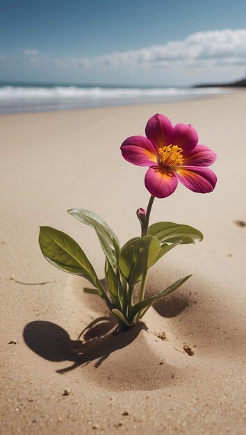 Photo vibrant flower blooming on sand on a beach under summer blue sky nature landscape