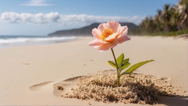 夏の青い空の下のビーチの砂の上にく活気のある花 自然の風景