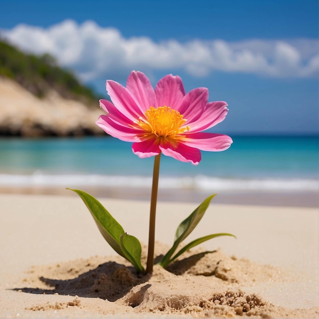 Живой цветок, цветущий на песке на пляже под летним голубым небом