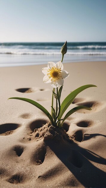 Foto fiore vibrante che fiorisce sulla sabbia su una spiaggia sotto il cielo blu estivo paesaggio naturale
