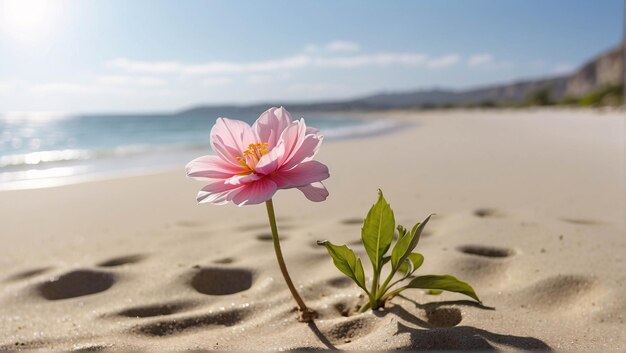 Vibrant Flower Blooming on Sand on a Beach Under Summer Blue Sky Nature Landscape