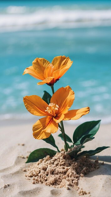 Vibrant Flower Blooming on Sand on a Beach Under Summer Blue Sky Nature Landscape