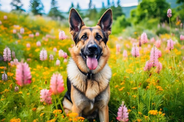 Vibrant flower field adorable german shepherd picture