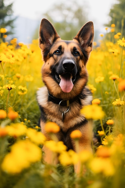 Vibrant flower field adorable german shepherd picture