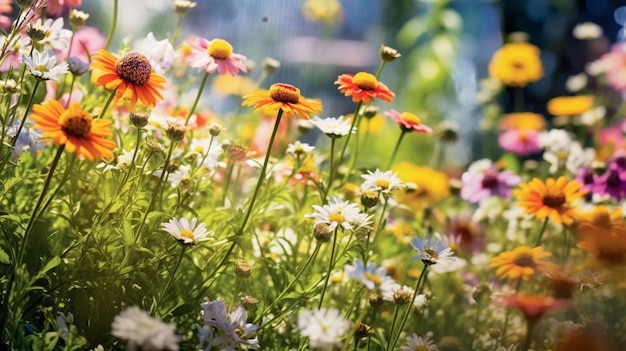 Живой цветочный сад, изобилующий разнообразными цветами