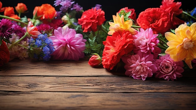 vibrant flowers arranged on a wooden background the natural beauty of the blooms complementing the rustic warmth of the wood
