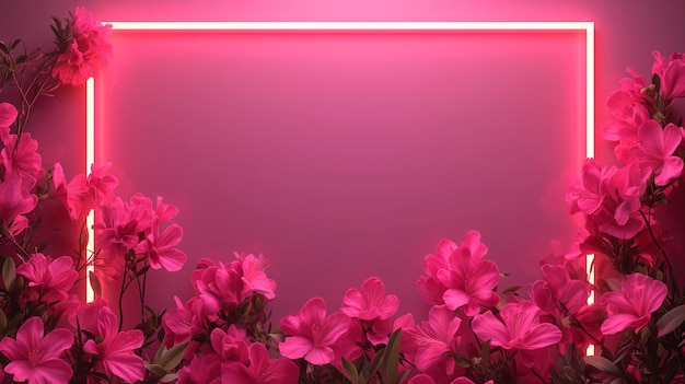 vibrant flowers under the glow of neon rectangles blending nature with artificial aesthetics