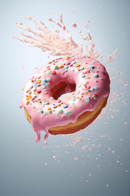 Vibrant Flying Donut with Pink Icing and Sprinkles A Captivating Stock Image Generated by AI