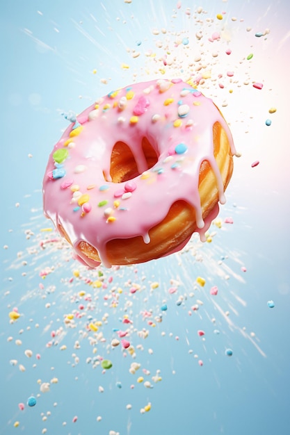 핑크 아이싱과 스프링클이 있는 생동감 넘치는 플라잉 도넛 AI가 생성한 매력적인 스톡 이미지
