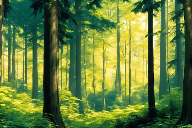Bill Watterson이 상상한 대로 Ai를 사용하여 생성된 키가 큰 나무들로 이루어진 생동감 넘치는 숲