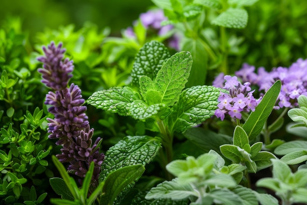 Foto vibrante giardino di erbe fresche con gocce di rugiada su foglie di basilico alla menta e fogliame di lavanda