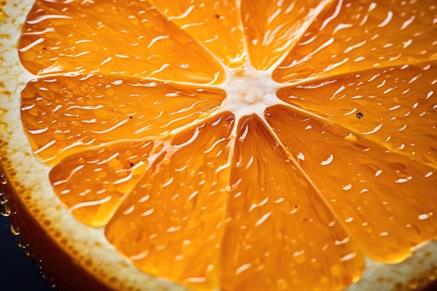 Photo a vibrant fresh orange cut in half revealing its juicy segments with sparkling water droplets glistening on the surface the pitted texture of an oranges peel ai generated