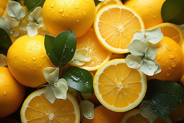 Яркие и свежие апельсины с пышными листьями и нежными цветами — шедевр генеративного искусственного интеллекта