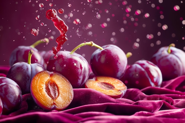 Vibrant Fresh Plums with Juice Splash on Elegant Purple Drapery Background Healthy Food Concept