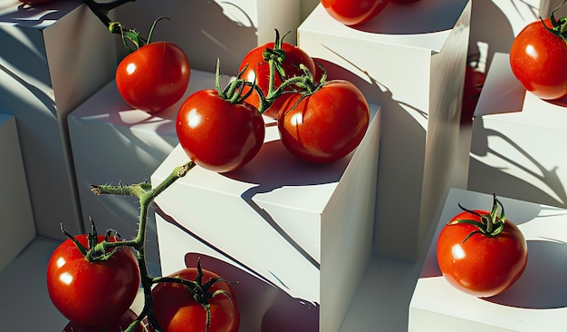 Vibrant fresh tomatoes basking in natural sunlight on white steps