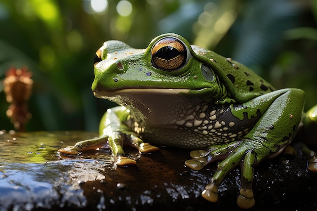 Vibrant frog rests by the serene lake generative IA