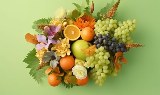 Vibrant fruit arrangement with oranges and grapes on a lively green background AI Generative