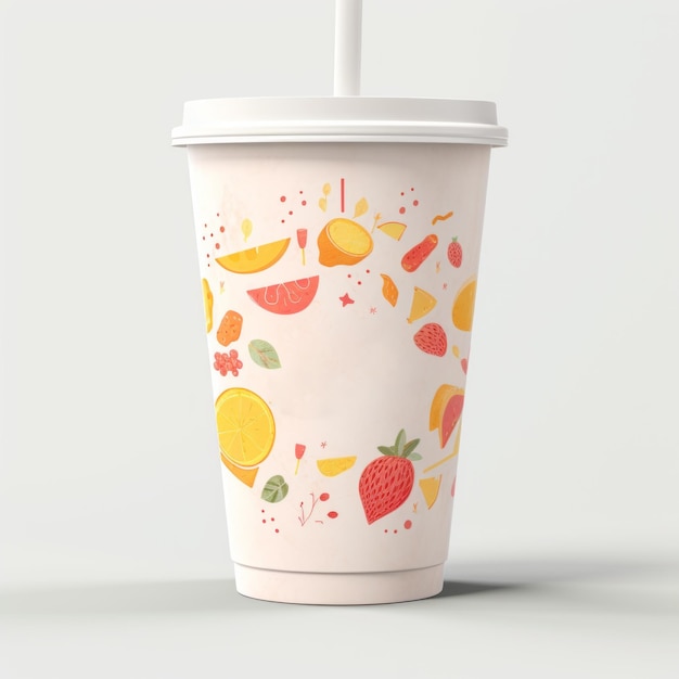Photo vibrant fruit filled coffee cup mockup with straw
