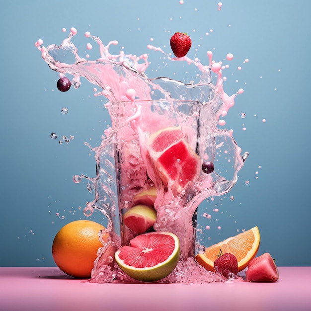 Vibrant Fruit Splash in Glass Jug with Pink Beverage AI Generated