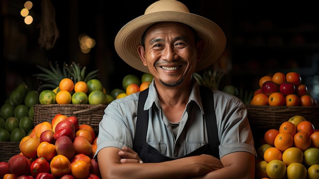 Vibrant Fruit Stand with CrossedArmed Seller