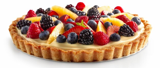 A vibrant fruit tart with fresh berries kiwi and peach slices on a creamy filling and flaky crust isolated on white background