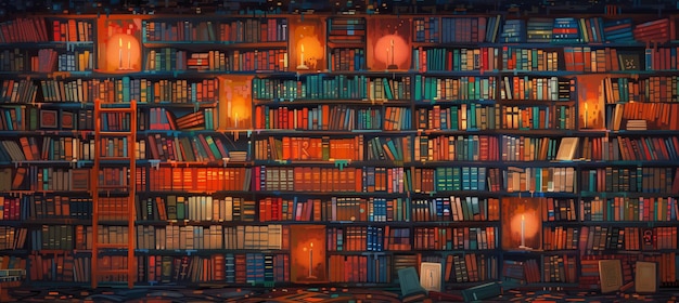 Vibrant full frame bookshelves filled with intellectual knowledge