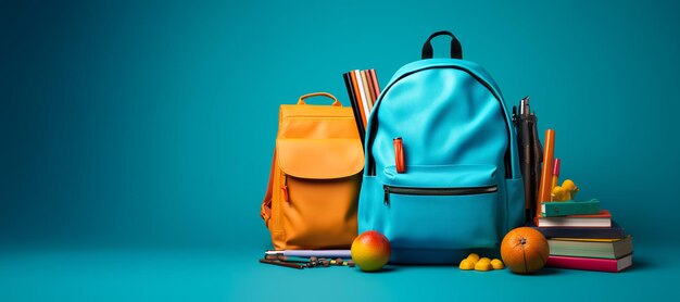 A vibrant and fun image featuring a backpack overflowing with assorted stationery displayed on a ta