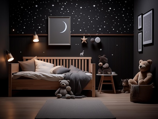 Vibrant furniture complements the allure of a dark wood child room's interior AI Generation