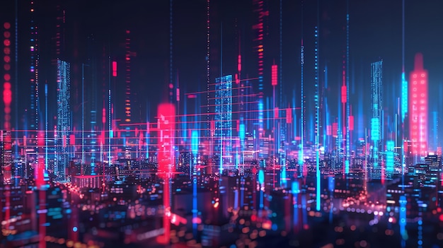 a vibrant and futuristic digital cityscape illuminated by neon blue and red lights showcasing advanced technology and a cyberpunk aesthetic