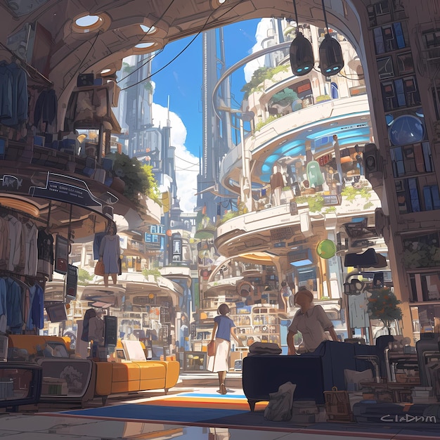 Vibrant Futuristic Shopping Arcade Animated City Life Illustration