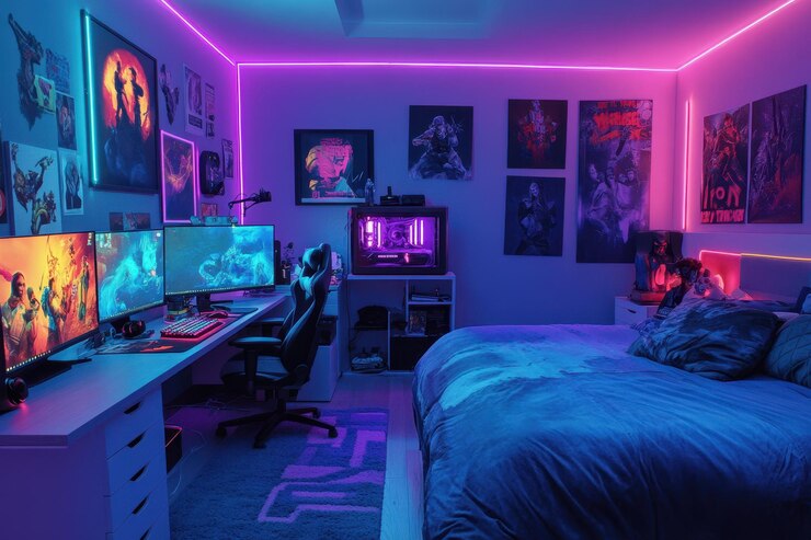 Photo a vibrant gaming room featuring multiple monitors gaming gear and colorful lighting