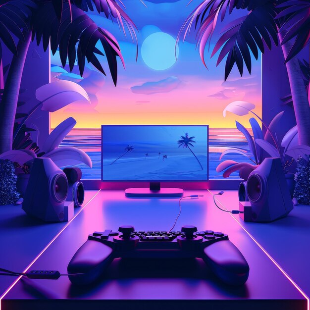 a vibrant gaming setup with a computer monitor showing a beach scene a controller and speaker